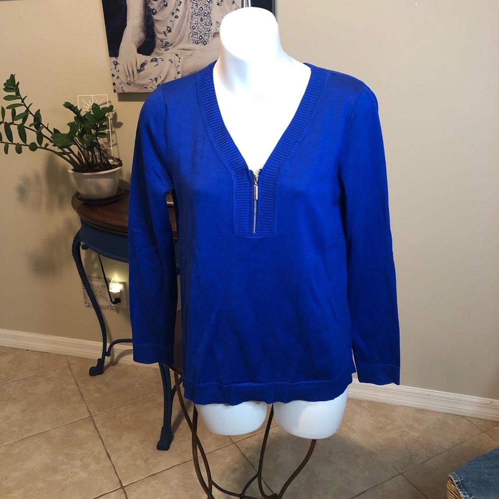 Cable & Gauge 3/4 Sleeve Blue Zipper Sweater Top - S - Picture 1 of 7